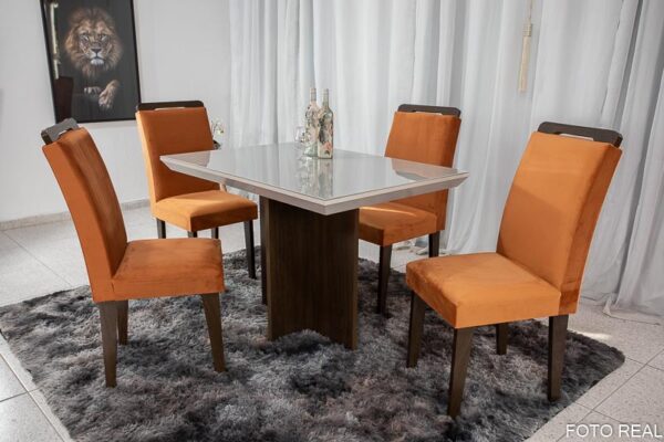 Mesa Berlim 120×80 Café Vidro Off White 4 Cadeiras Athenas Veludo Cobre