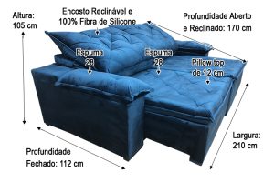Sofá 3 Lugares Retrátil Reclinável Molas Bonnel D28 Benfica 2.10m Veludo Azul