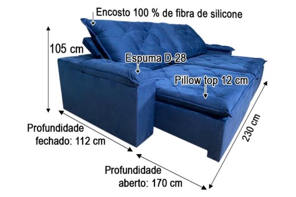 Sofá Retrátil Reclinável 2.30m - Modelo Loreto Azul