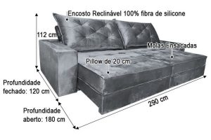 Sofá Retrátil Reclinável 2.90m - Modelo Apolo Cinza